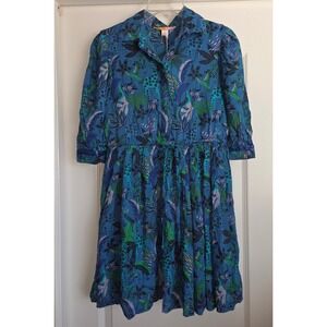 Briton Court Blue Tropical Bird‎ Floral Print Sequins Button Front Dress Sz S